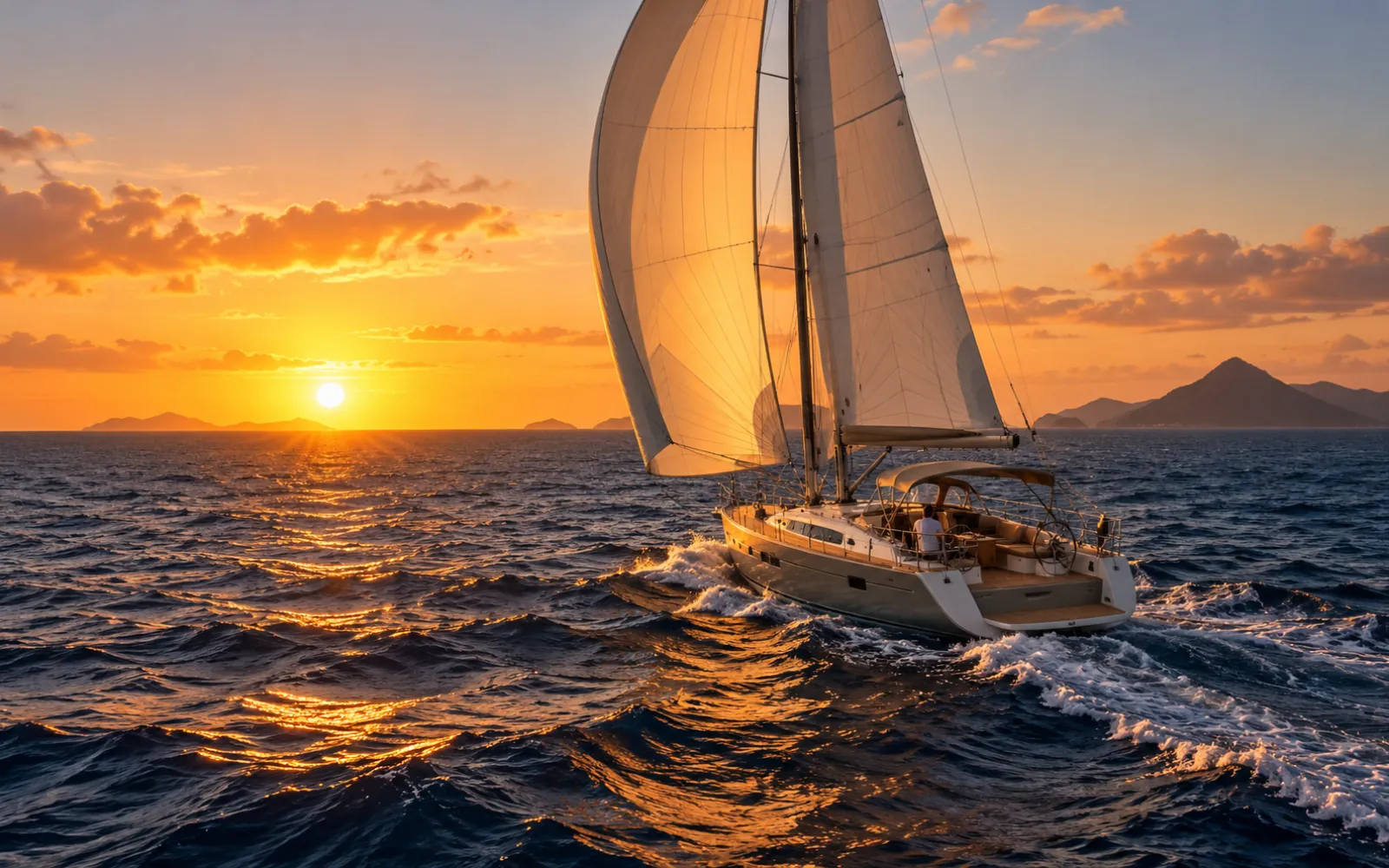 Voilier de croisière sous voiles gonflées dans les alizés au coucher du soleil