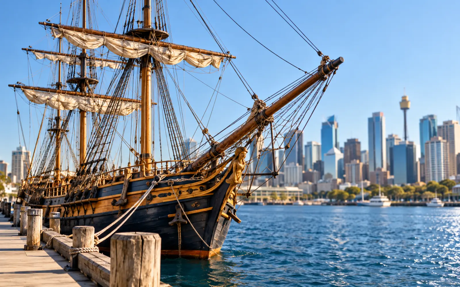 Réplique d’un voilier du XVIIIe siècle au quai d’un port australien