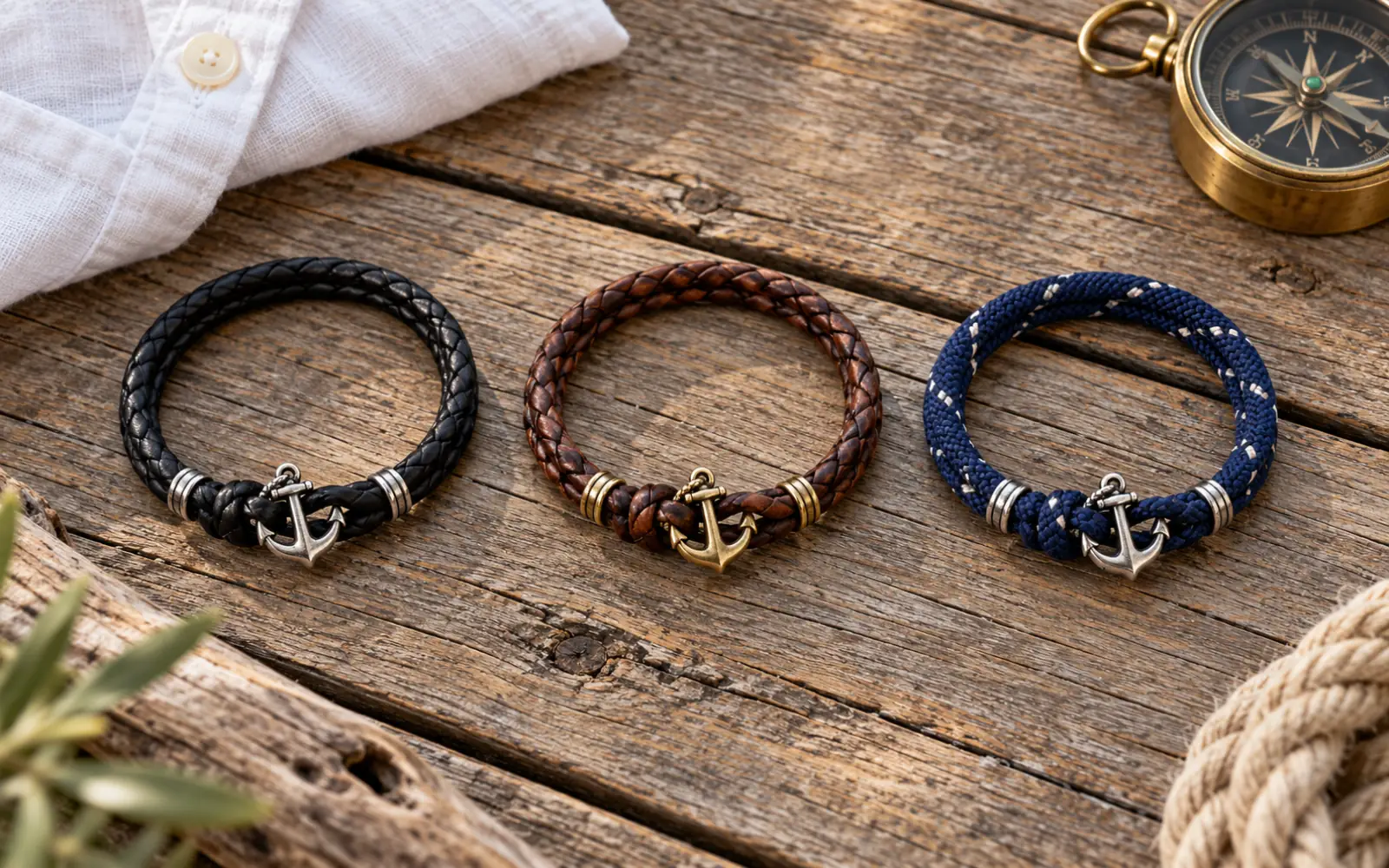 Trois bracelets, noir, marron et bleu marine, posés à plat sur du teck