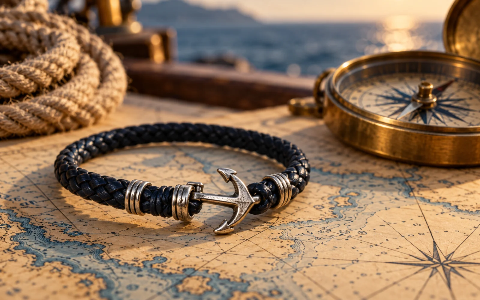 Gros plan sur une ancre argentée d’un bracelet en cuir noir
