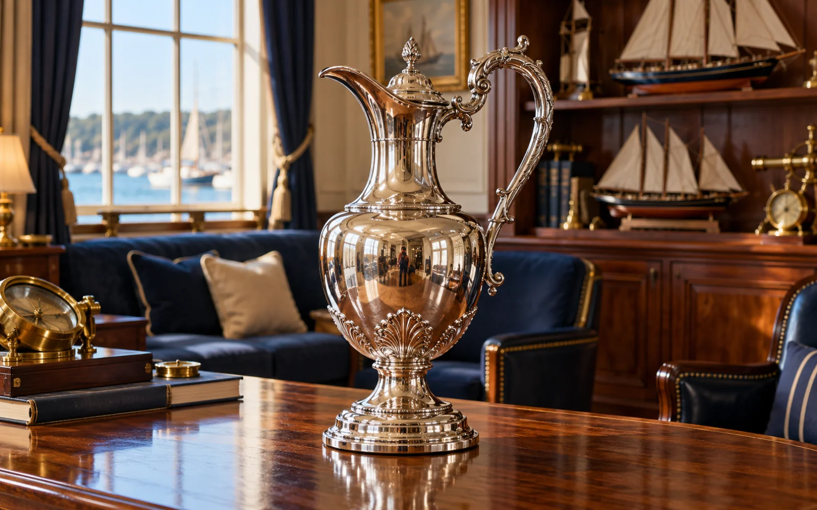 Grande aiguière d’argent posée sur une table de club nautique