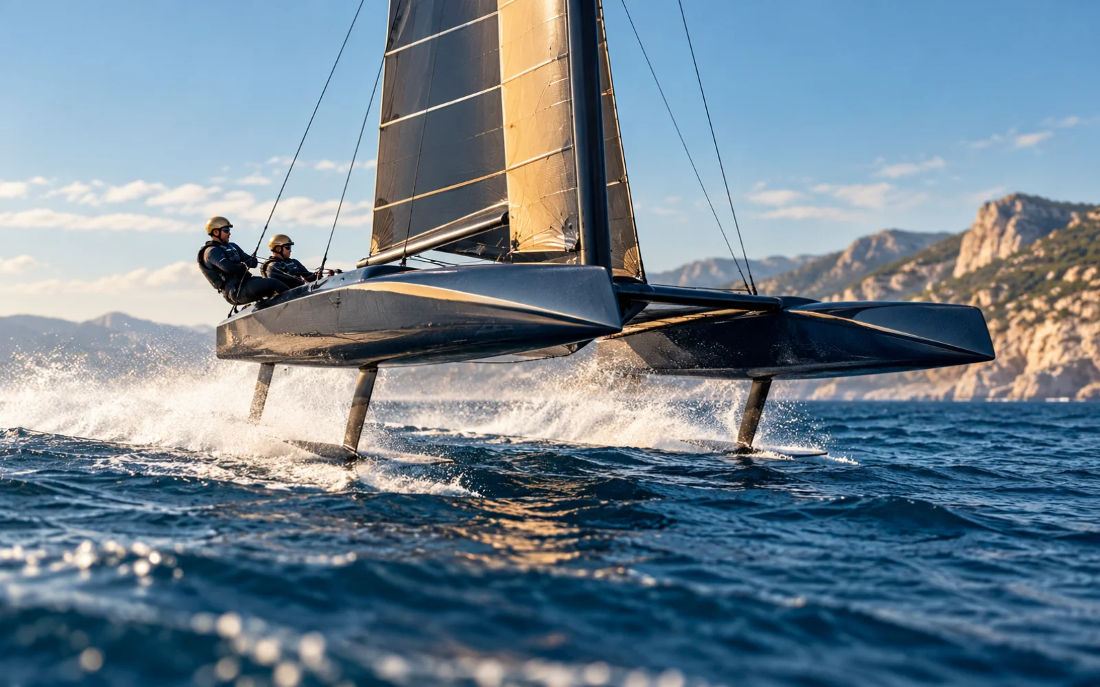 Catamaran de course à foils qui vole au-dessus de l’eau