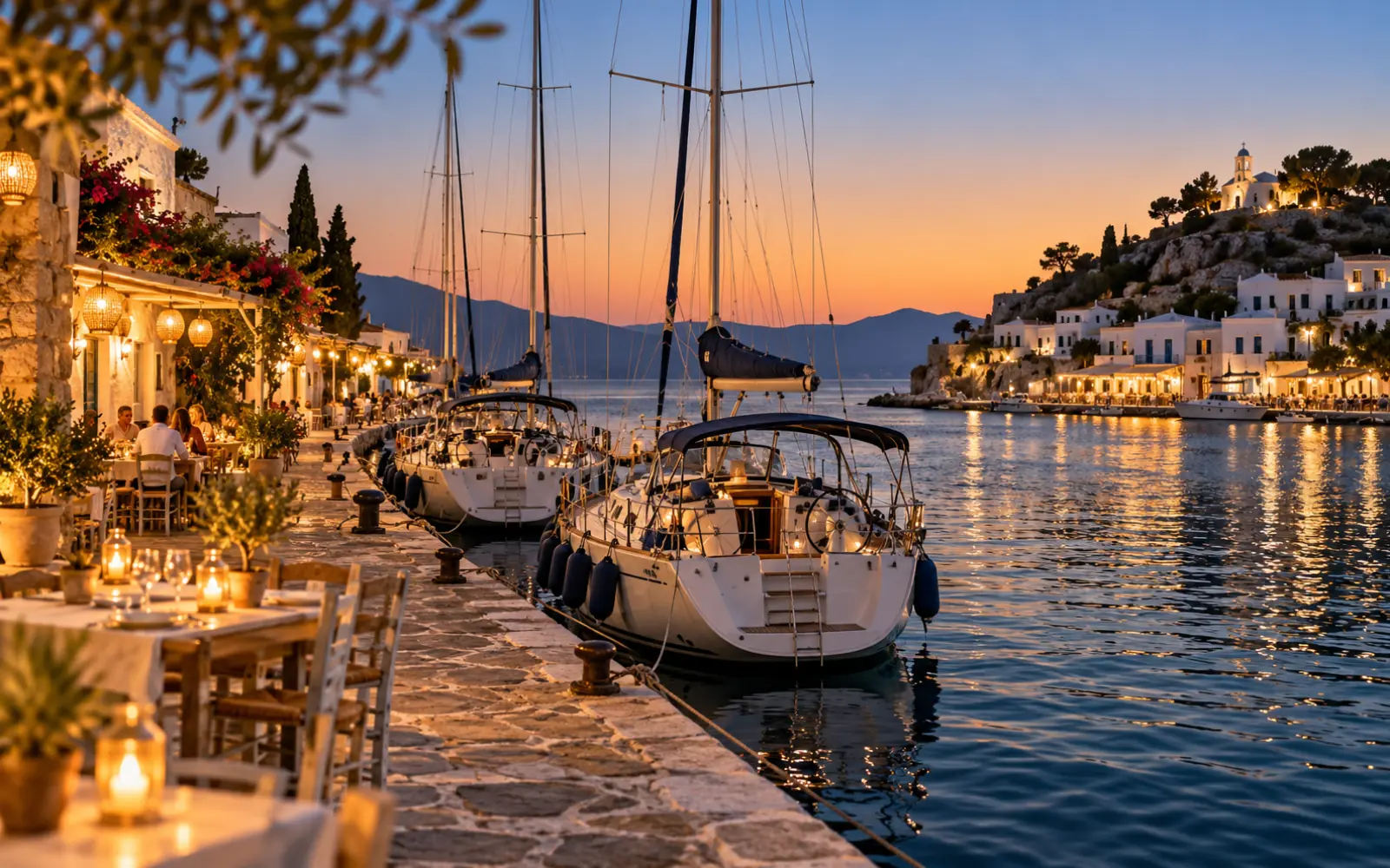 Quai d’un petit port grec avec des voiliers amarrés le soir