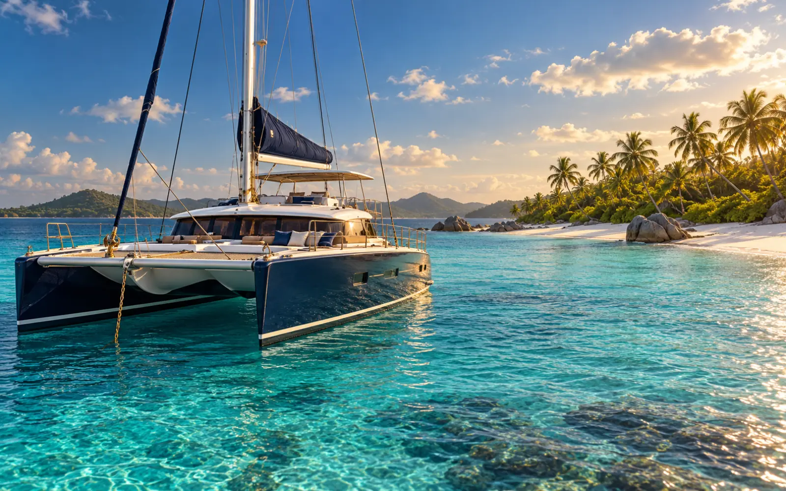 Catamaran au mouillage devant une plage de sable blanc bordée de cocotiers aux Antilles