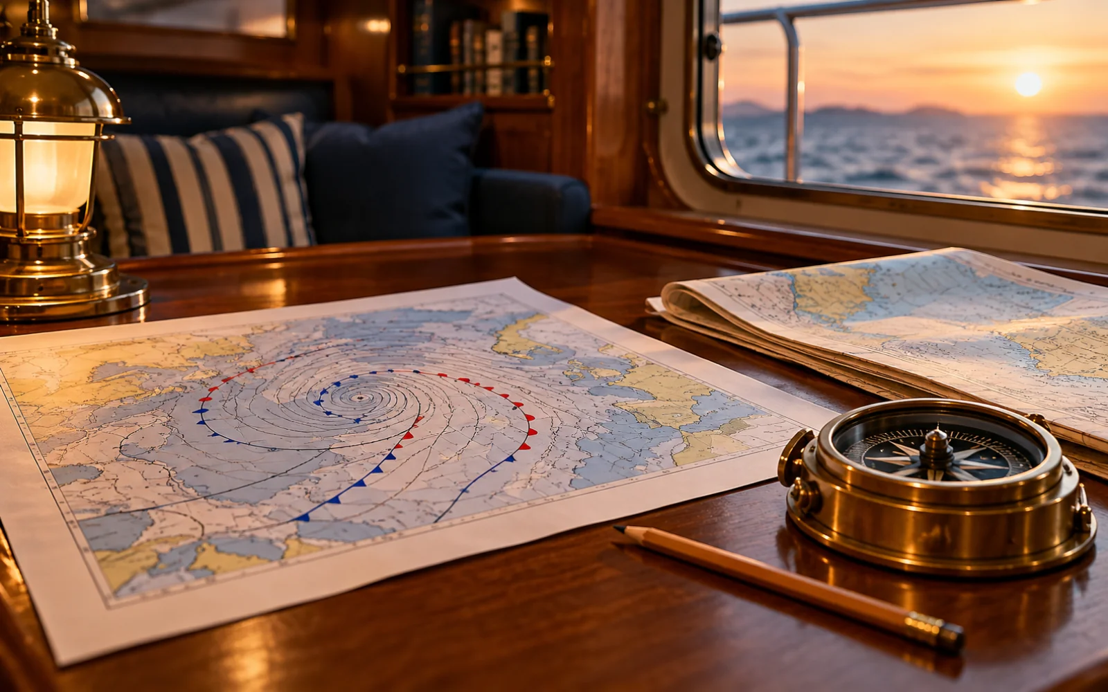 Table à cartes avec un bulletin météo marine imprimé, un compas de relèvement et un crayon