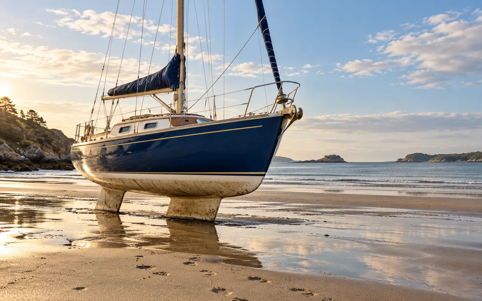 Voilier posé sur le sable à marée basse, droit sur ses deux quilles