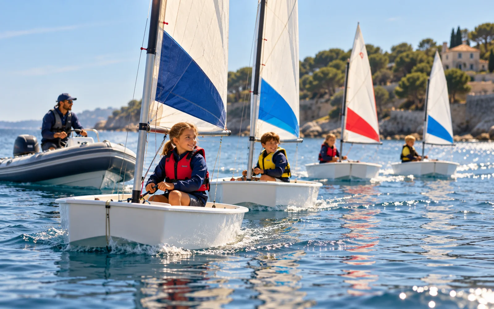 Enfants à bord de petits dériveurs Optimist suivis par un bateau d’encadrement