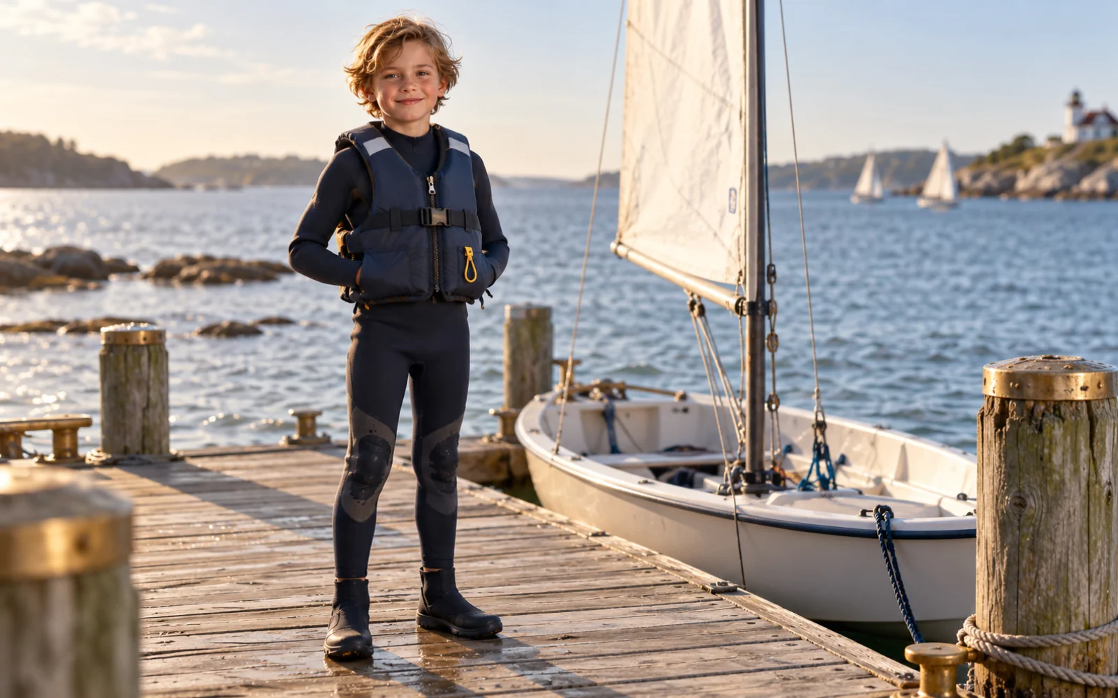 Enfant sur un ponton avec gilet de sauvetage, combinaison et chaussons de voile