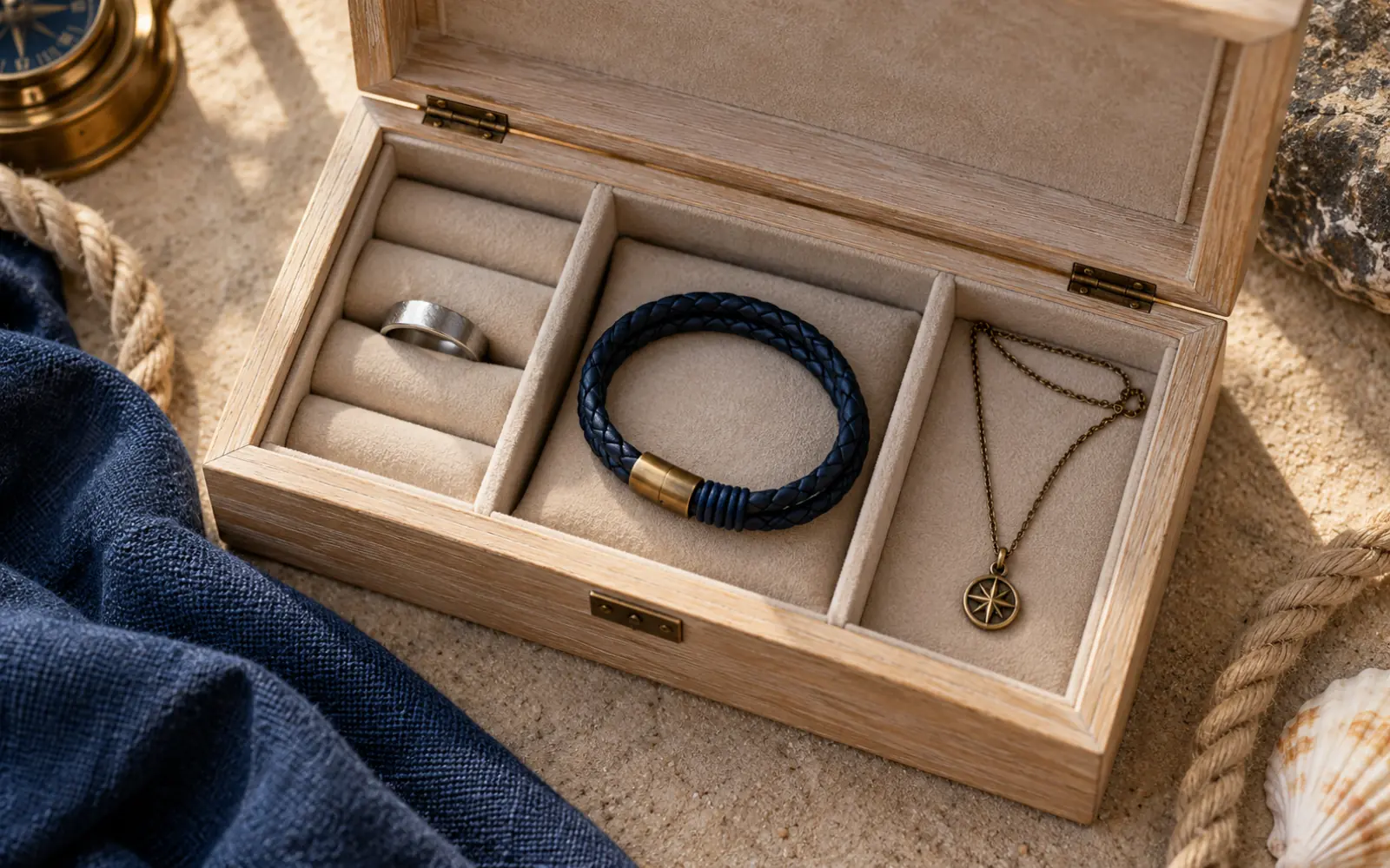Écrin ouvert avec une bague, un bracelet et un collier rangés dans des compartiments séparés