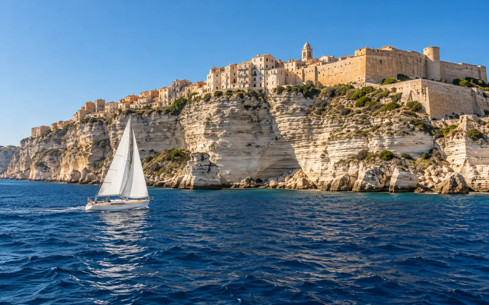 La citadelle de Bonifacio perchée sur sa falaise de calcaire au-dessus de la mer