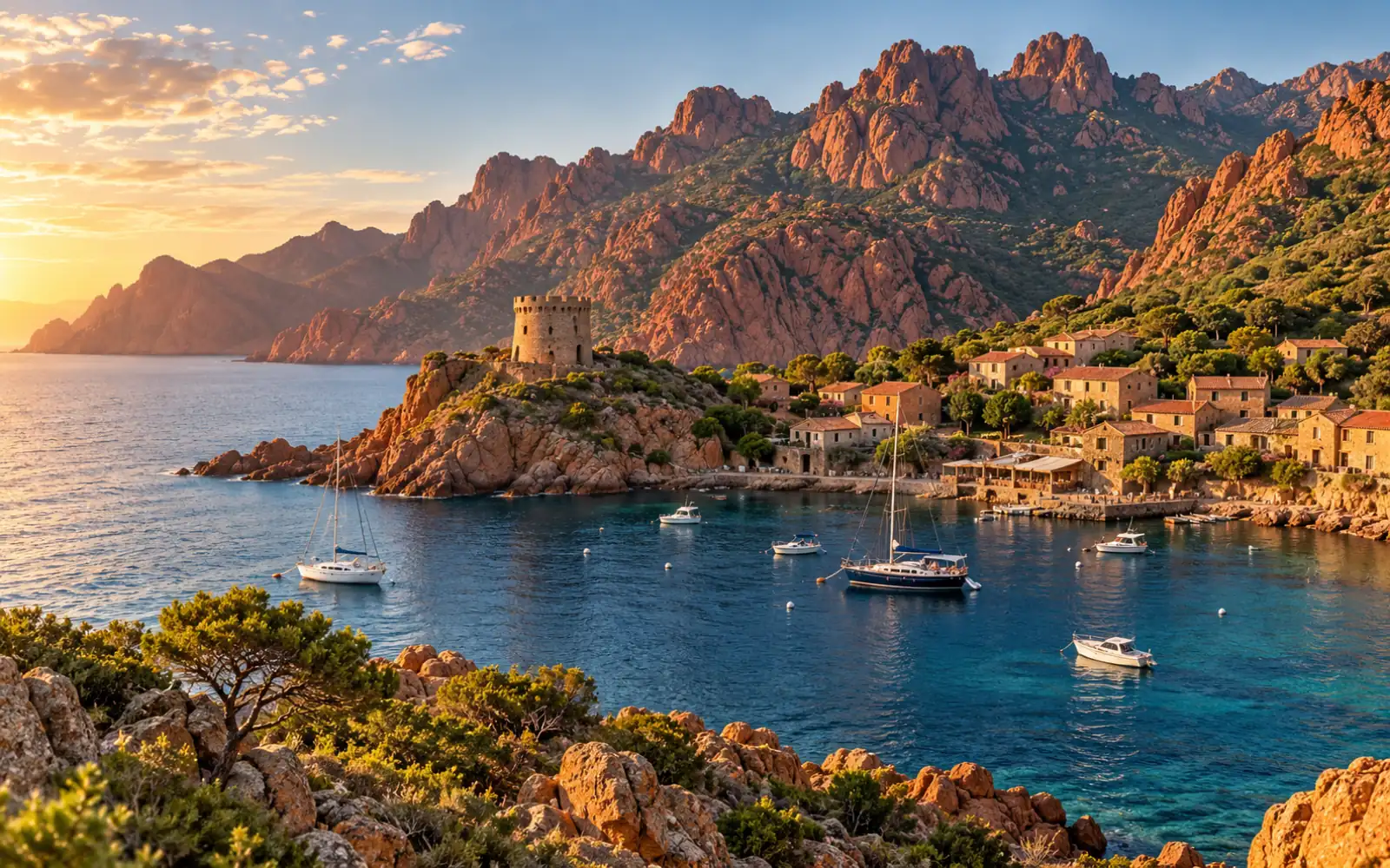 Le village de Girolata et sa tour génoise au bord d’une baie sauvage