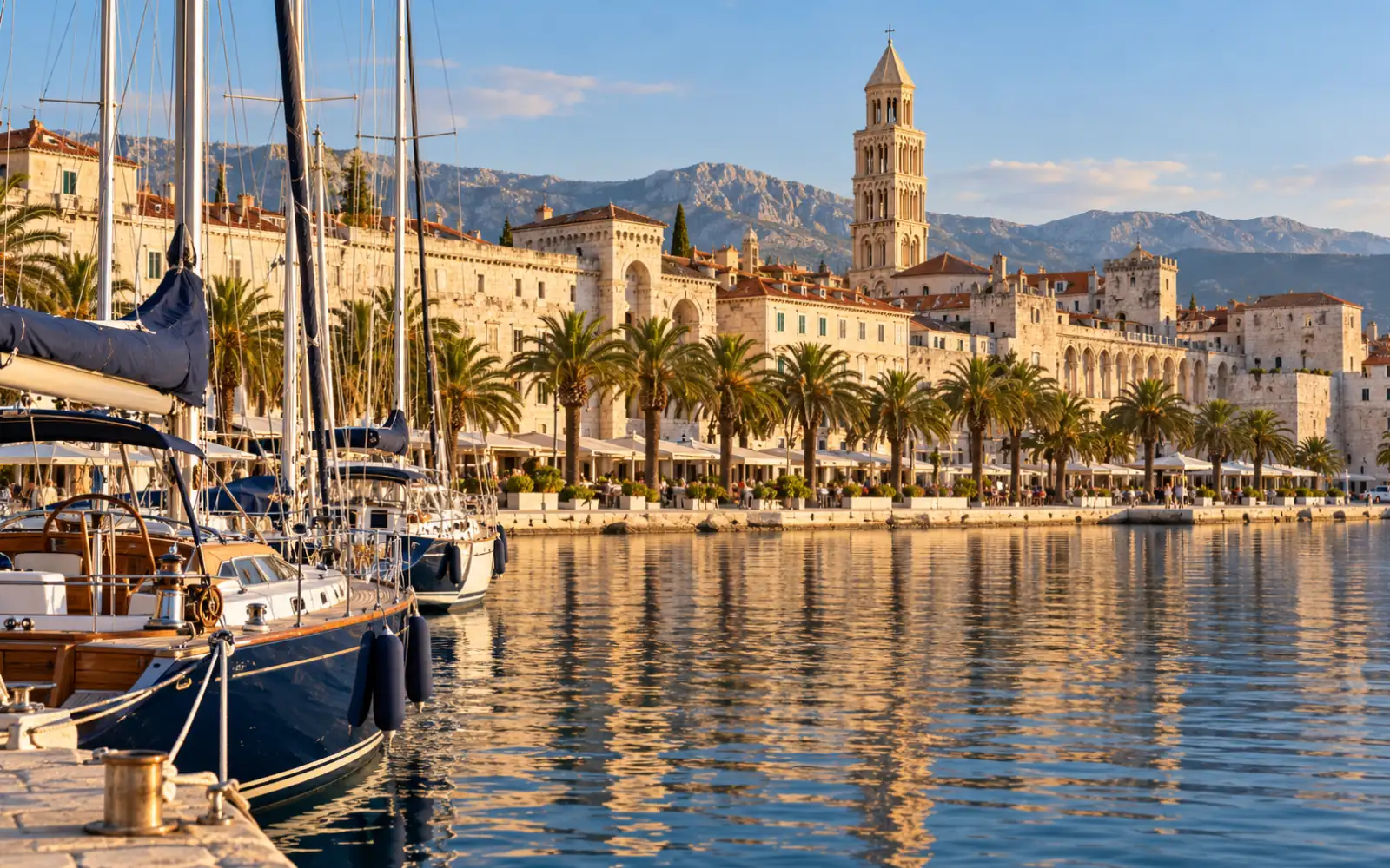 Façade du palais de Dioclétien à Split vue du front de mer, avec des voiliers amarrés au premier plan