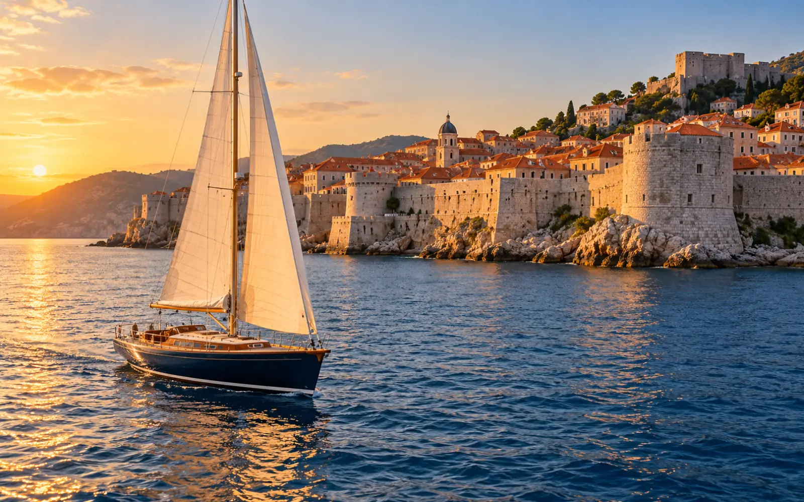 Remparts de pierre de Dubrovnik vus de la mer, avec un voilier au premier plan