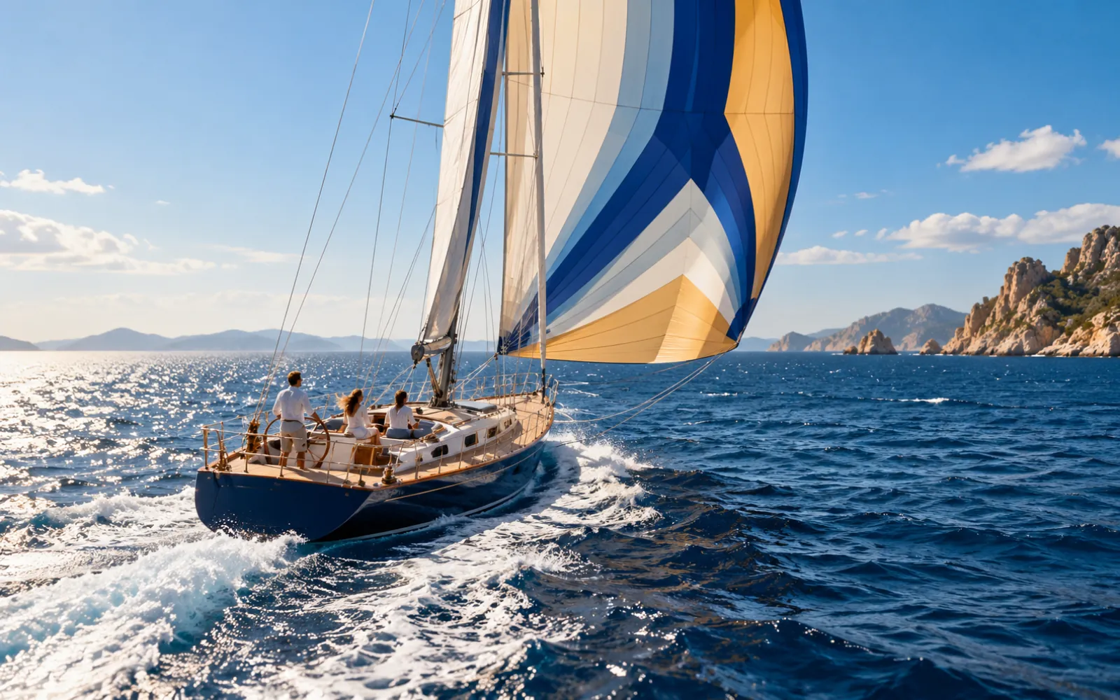 Voilier au grand largue sous spinnaker avec un sillage blanc