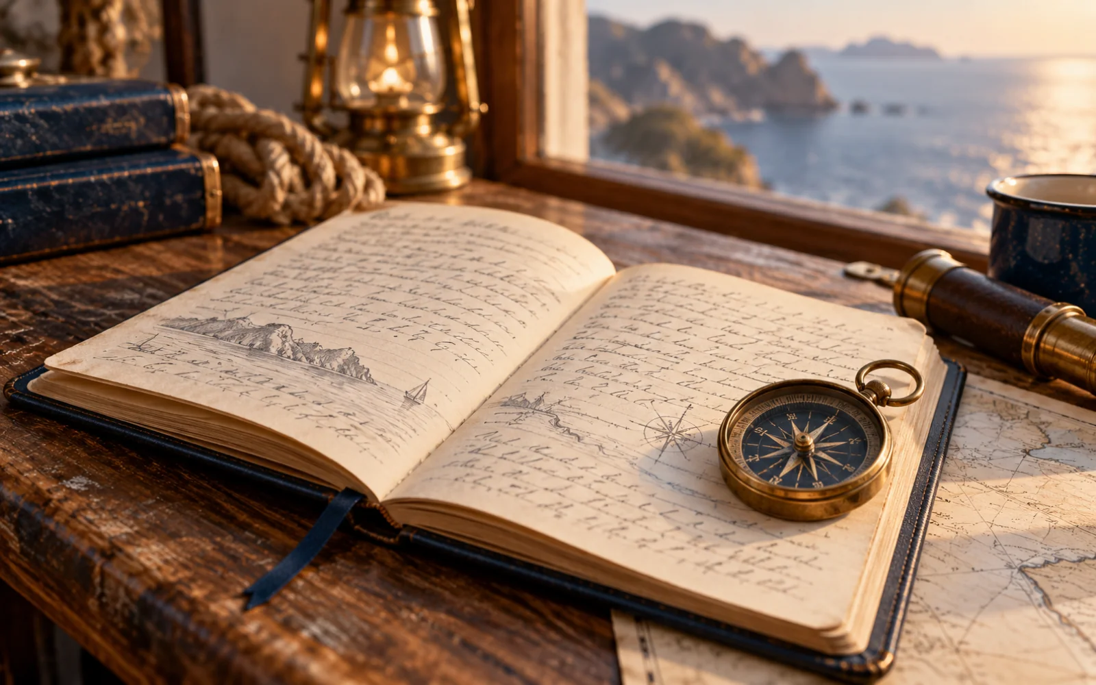 Carnet ouvert et boussole de poche posés sur une table en bois