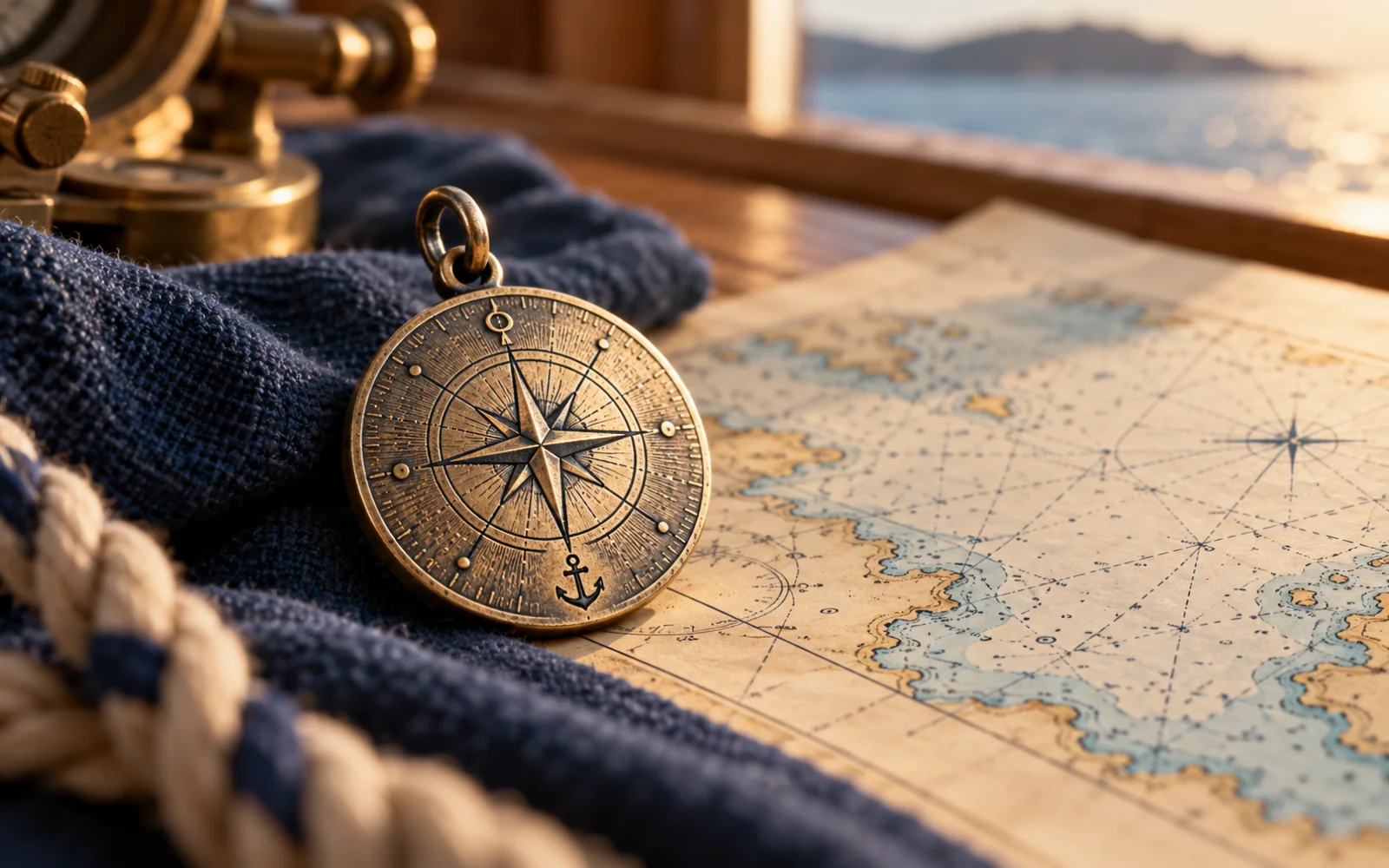 Pendentif en métal avec une fine gravure posé près d’une carte marine