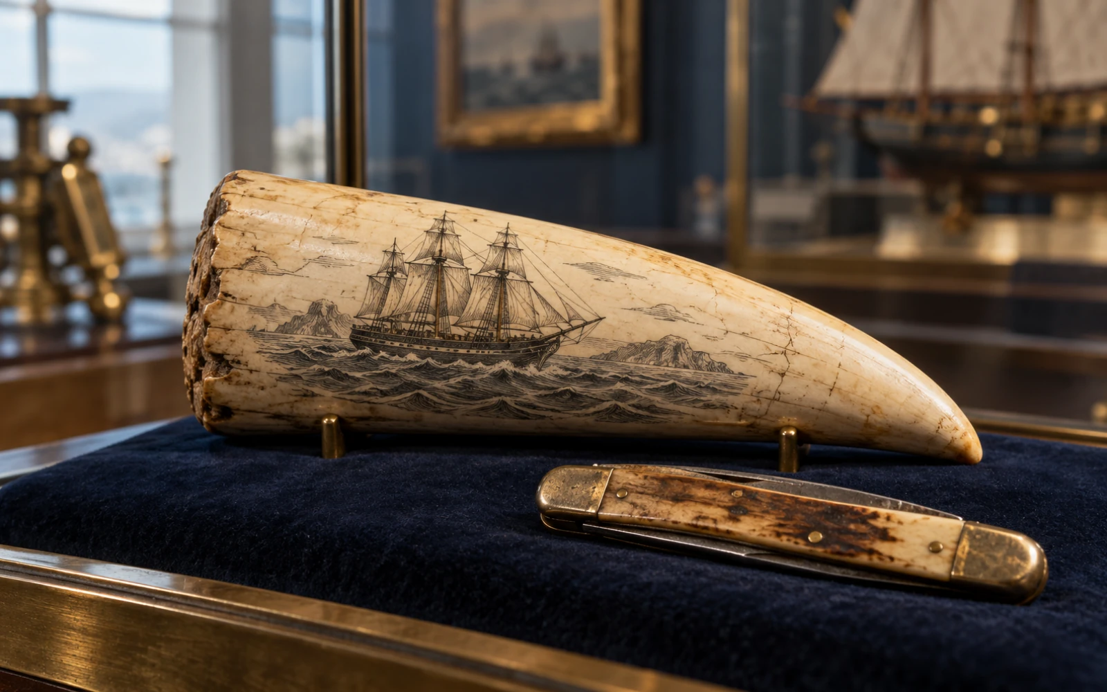 Dent gravée de motifs de navire exposée sur un coussin dans un musée, avec un couteau ancien à côté