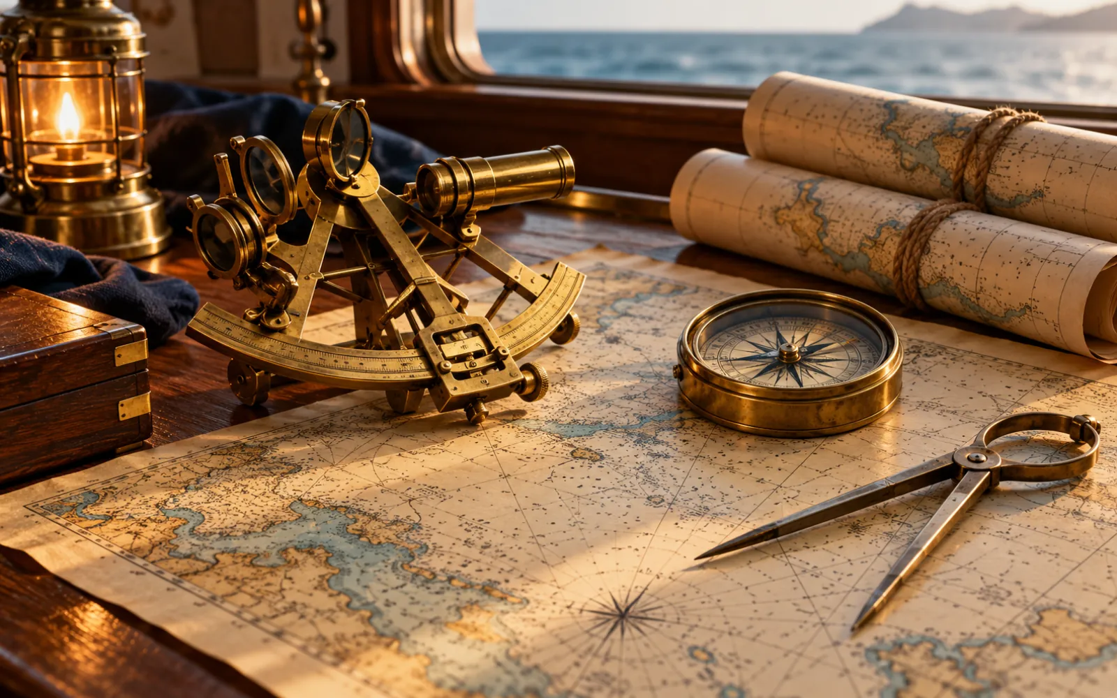 Ancienne carte marine, sextant en laiton et compas posés sur une table en bois