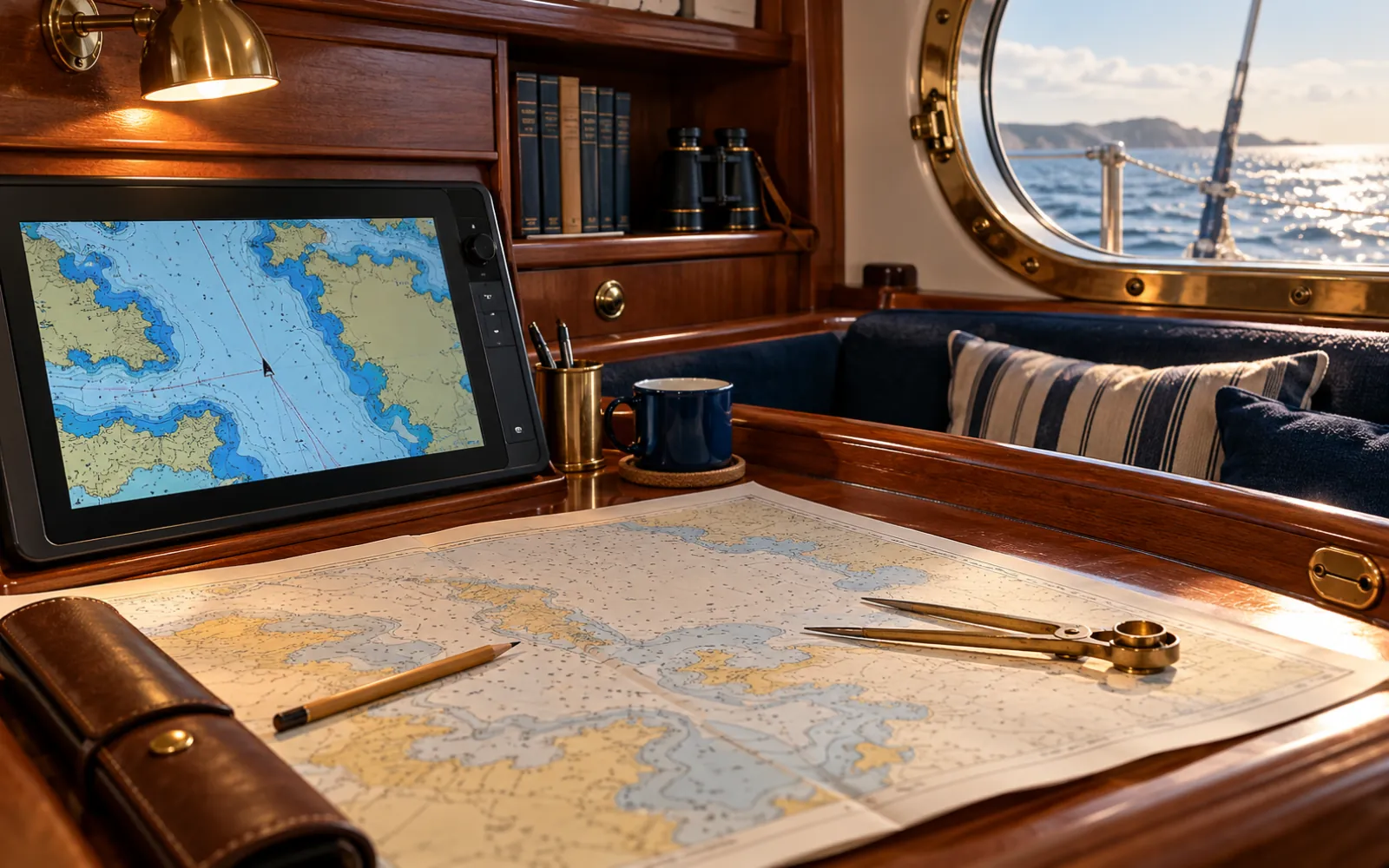 Table à cartes moderne d’un voilier avec traceur de cartes et carte papier côte à côte