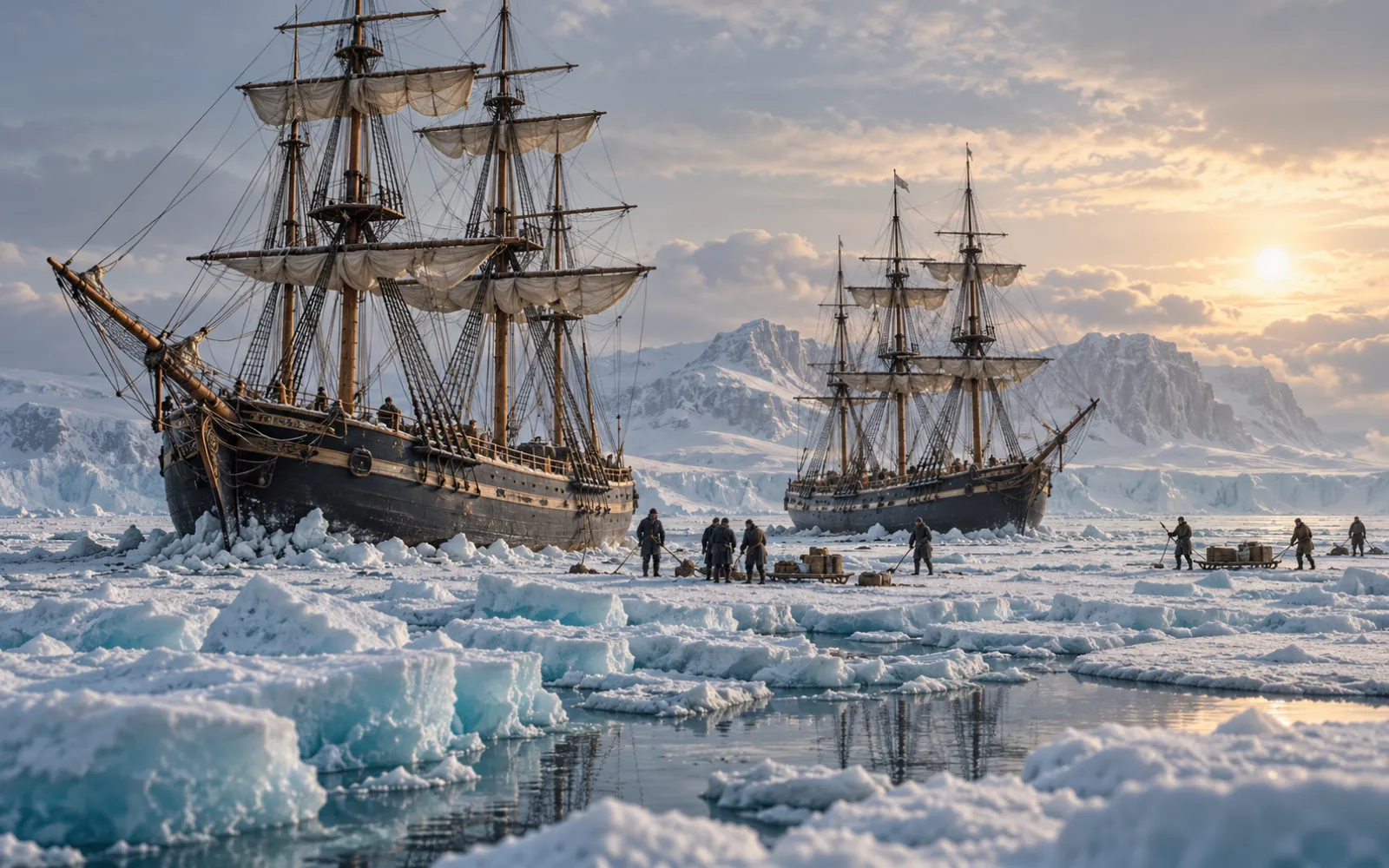 Deux voiliers de la Royal Navy pris dans la banquise arctique au XIXe siècle