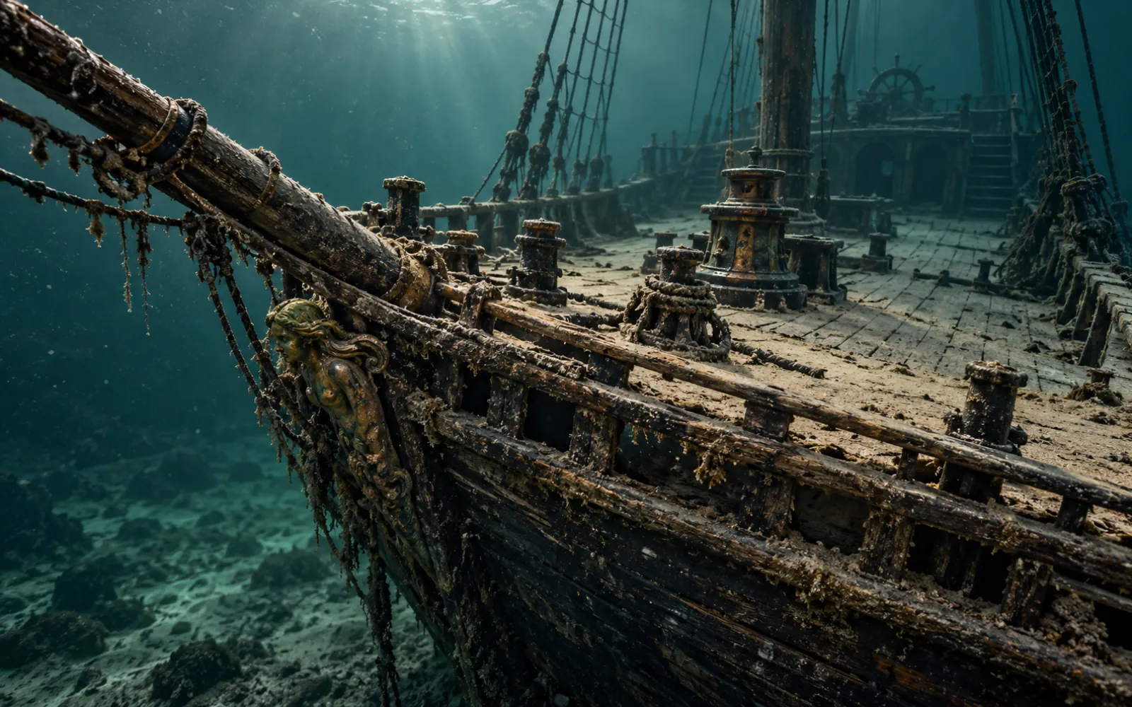 Épave en bois d’un navire du XIXe siècle immobile dans une eau sombre et froide
