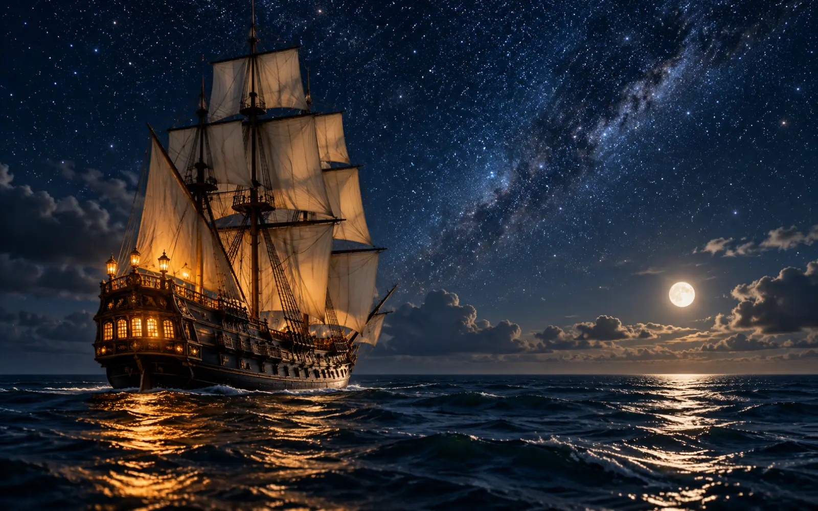 Voilier ancien en pleine mer sous un ciel étoilé