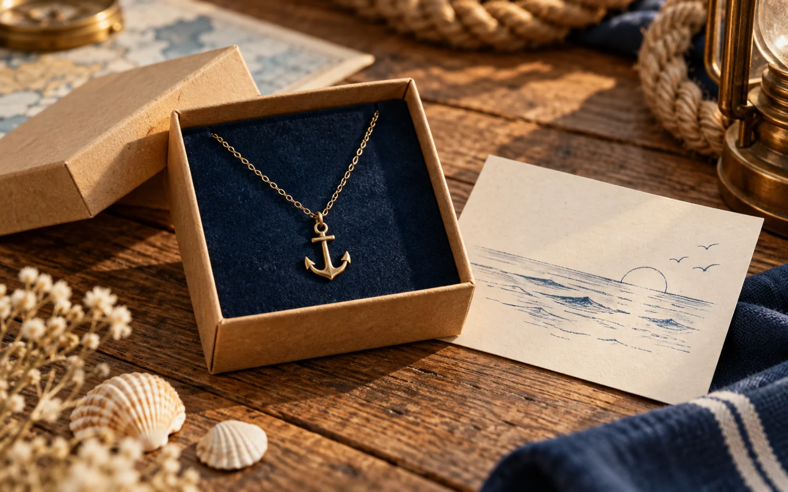 Écrin ouvert contenant un collier à pendentif ancre et une petite carte