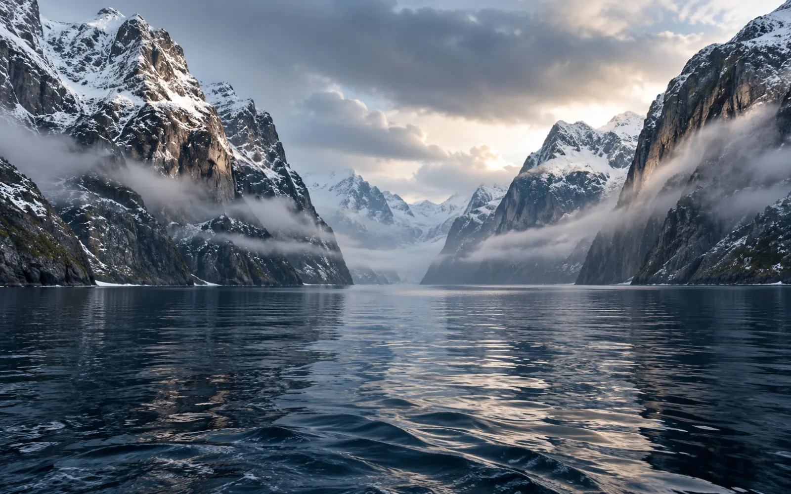 Détroit étroit aux montagnes enneigées et aux eaux sombres, brumes basses