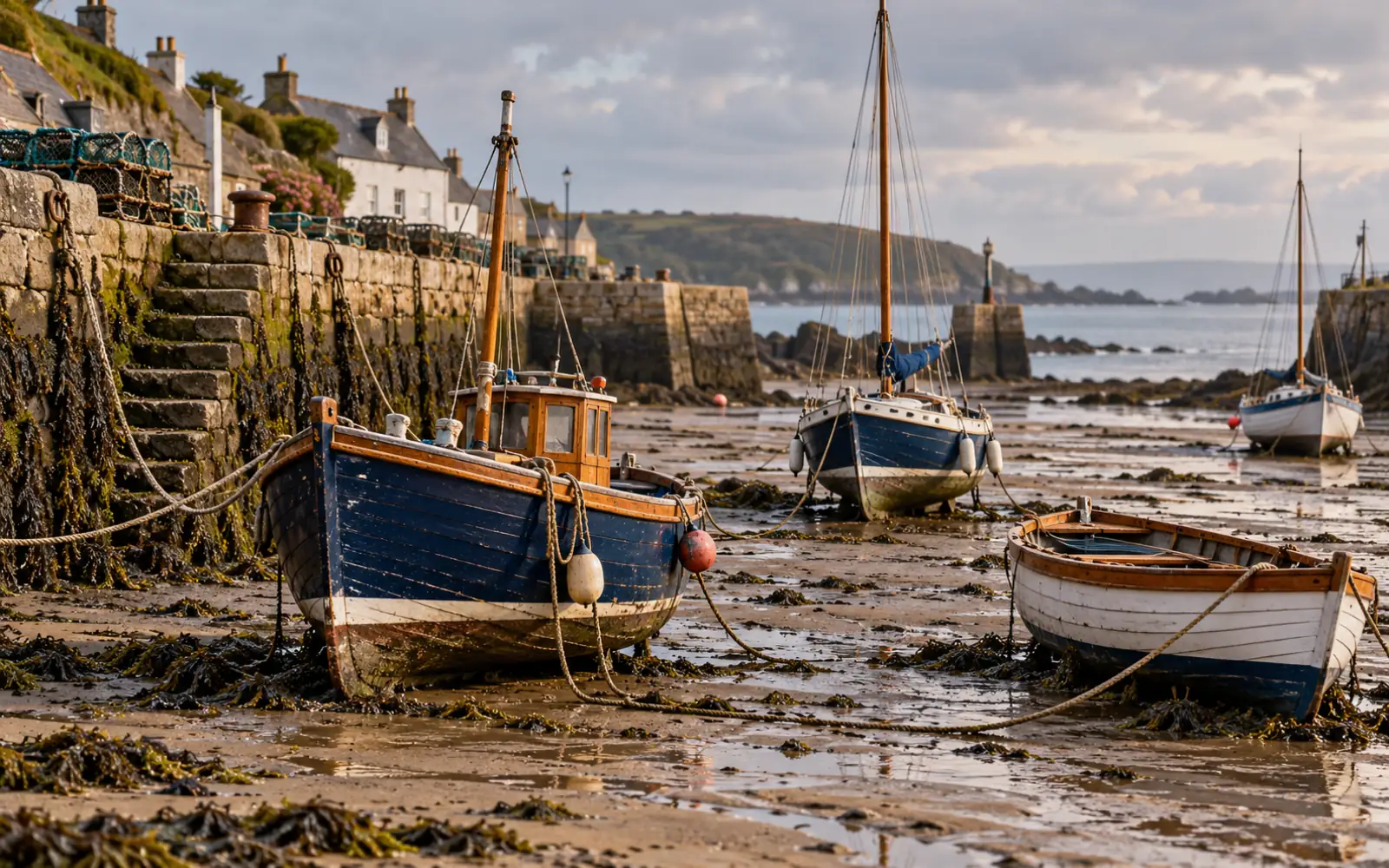 Port de pêche à marée basse avec des bateaux posés sur la vase et les pontons inclinés