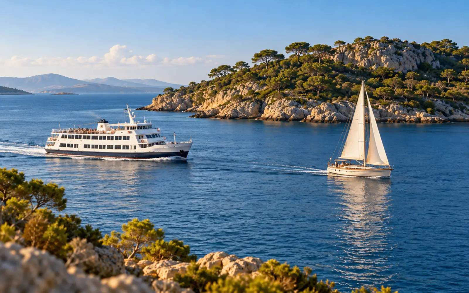 Ferry et voilier se croisant à l’approche d’une île sous un ciel clair