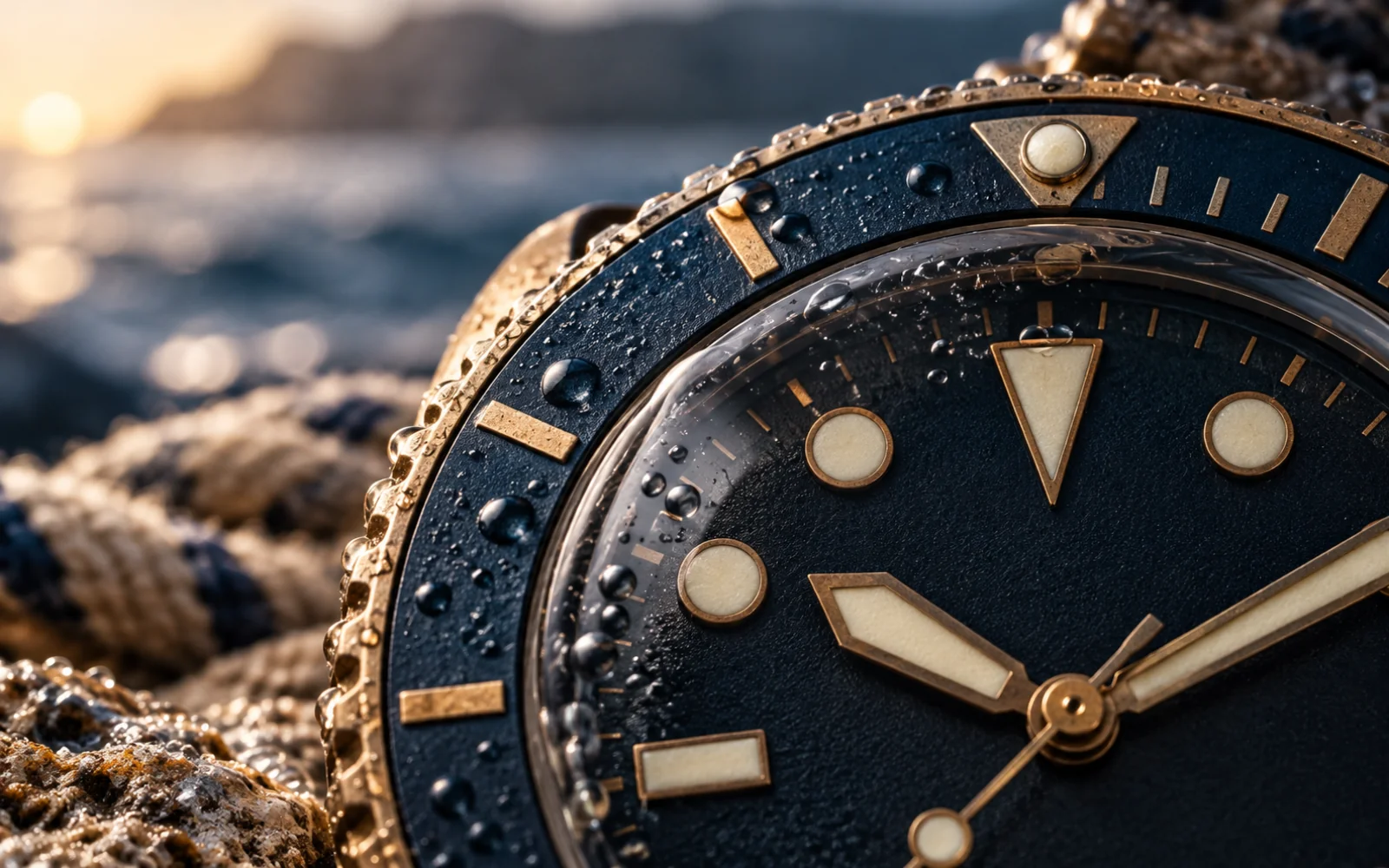 Gros plan sur la lunette tournante et le cadran lumineux d’une montre de plongée