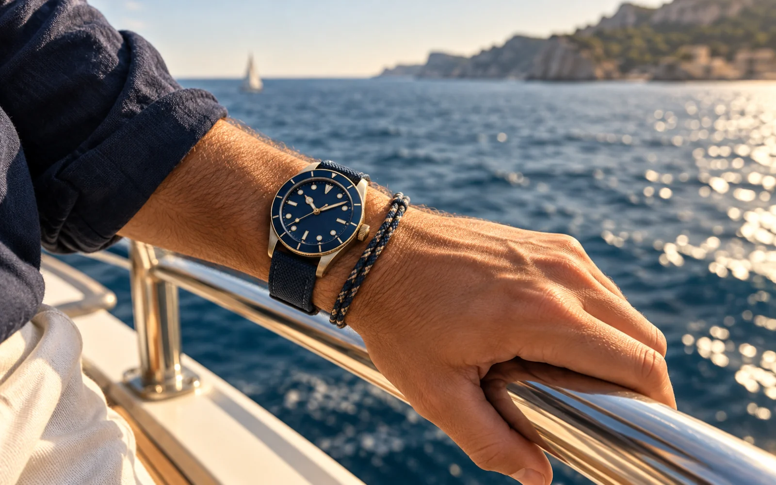 Poignet avec une montre bleue et un bracelet en cordage posé sur une rambarde de bateau