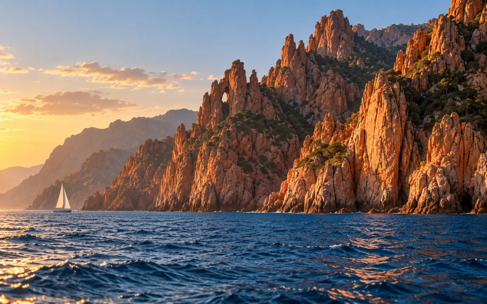 Falaises rouges des calanques de Piana en Corse vues depuis la mer