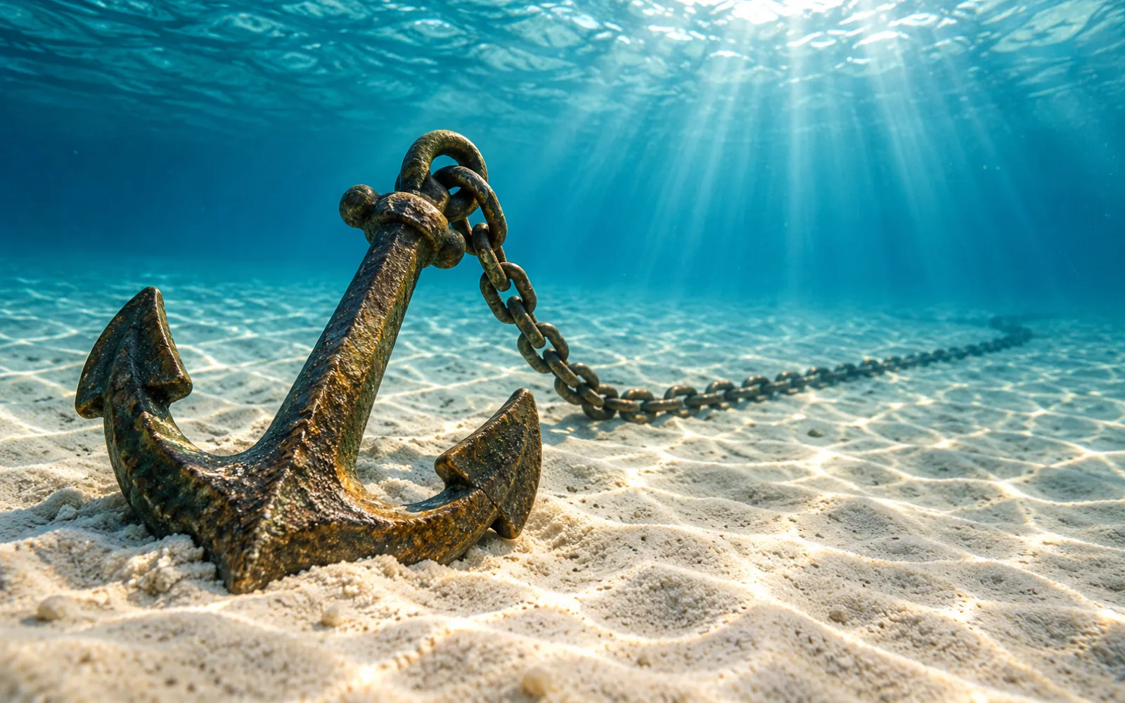 Ancre plantée dans un fond de sable clair, vue sous l’eau