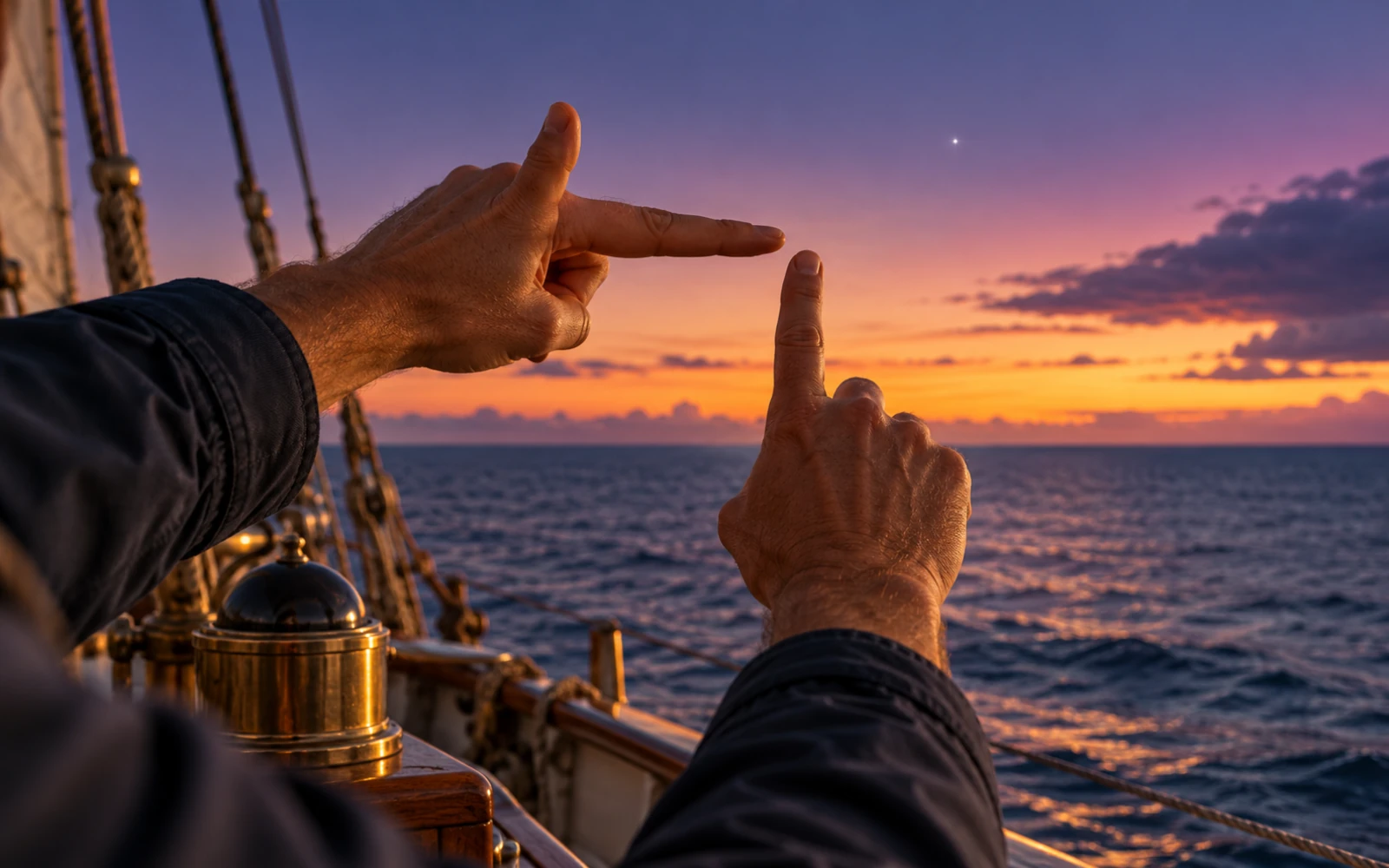 Mains d’un navigateur tendues vers l’horizon au crépuscule sur le pont d’un bateau