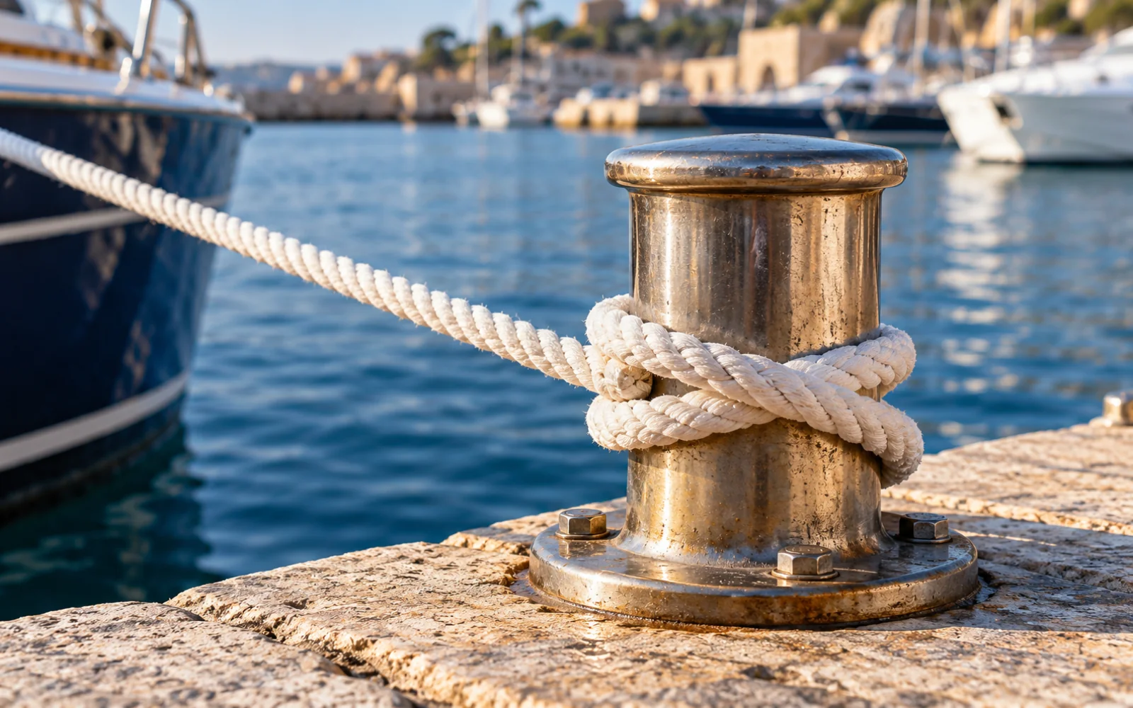 Un cabestan réalisé sur un bollard de quai avec une amarre blanche