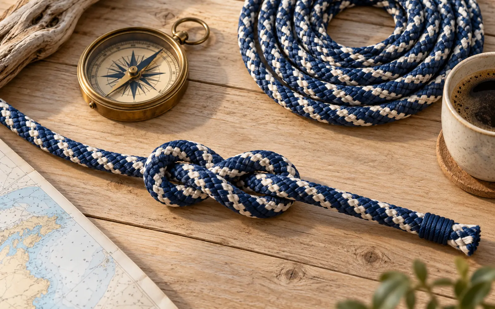 Un mètre de cordage tressé et un nœud de huit sur une table en bois
