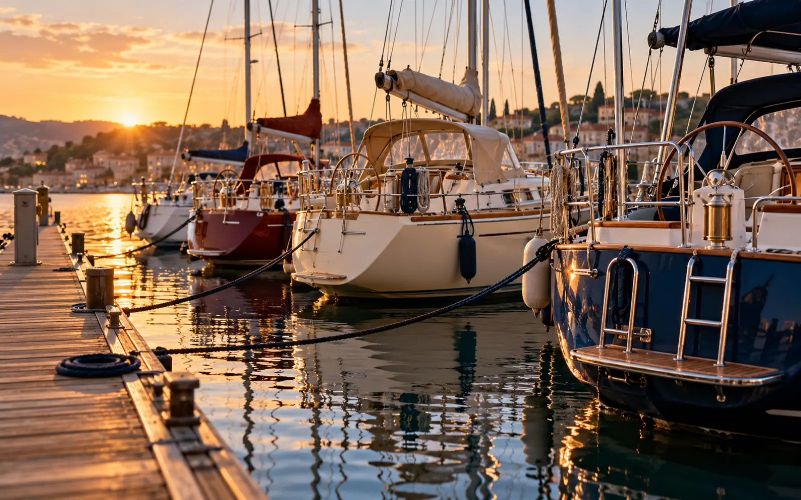 Ponton de port de plaisance avec des voiliers amarrés, chacun portant son nom