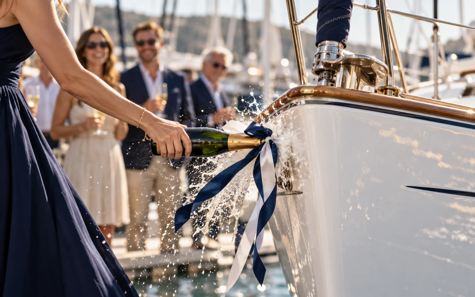 Bouteille de champagne et nœud marin sur l’étrave d’un voilier le jour du baptême