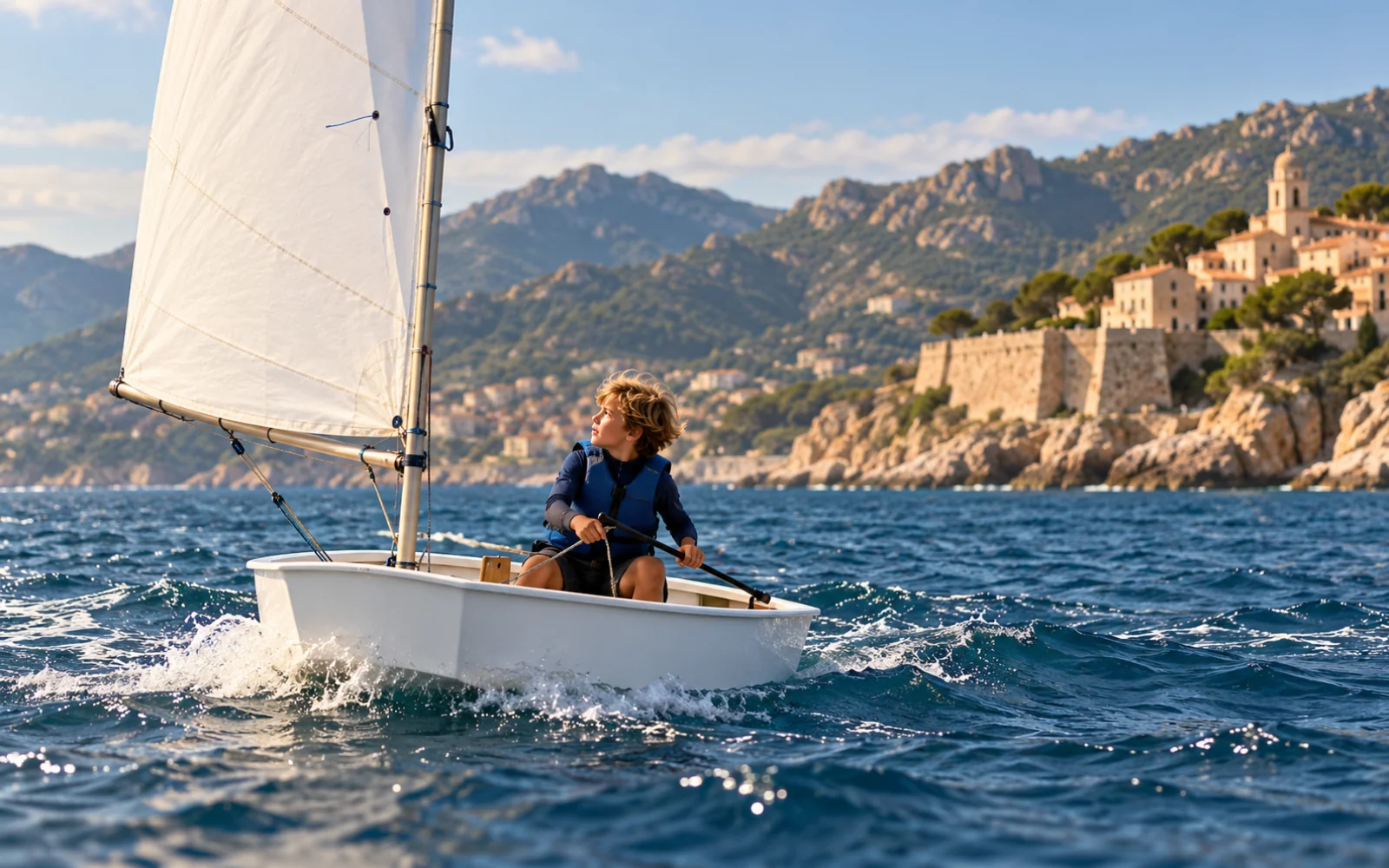 Enfant seul à bord d’un Optimist sous voile près de la côte