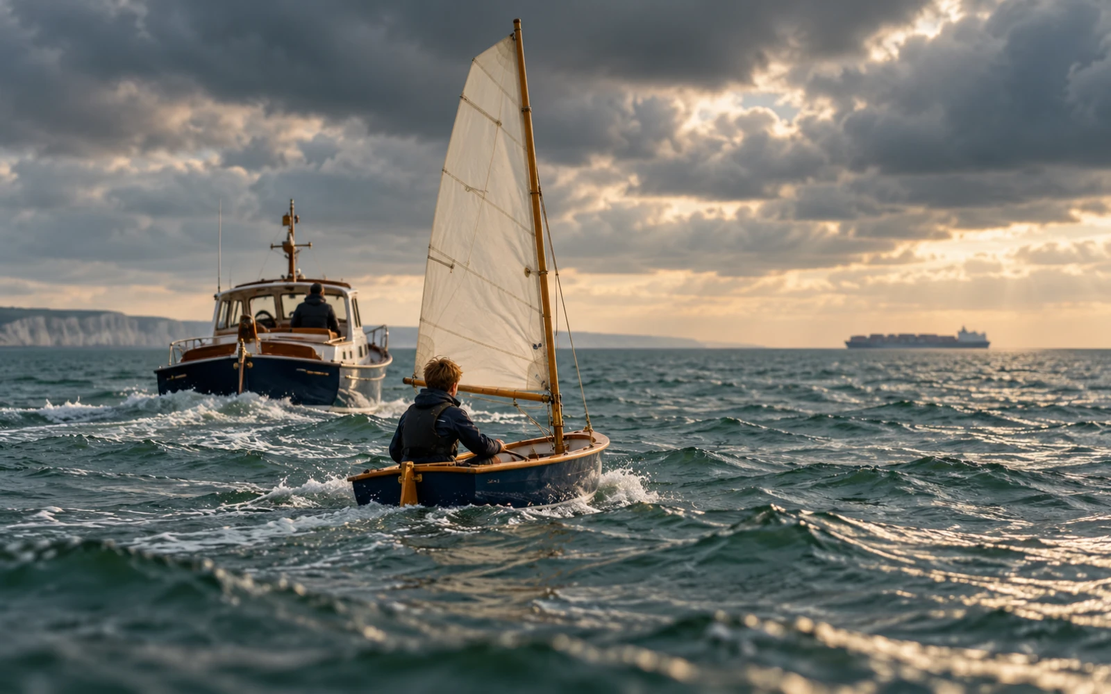 Petit dériveur accompagné d’un bateau d’assistance sur une mer grise de la Manche