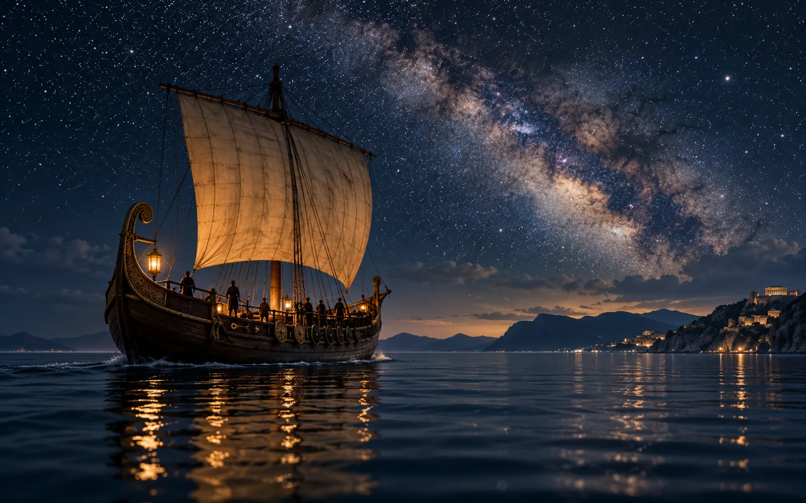 Ciel étoilé au-dessus d’un navire antique à voile carrée en pleine nuit