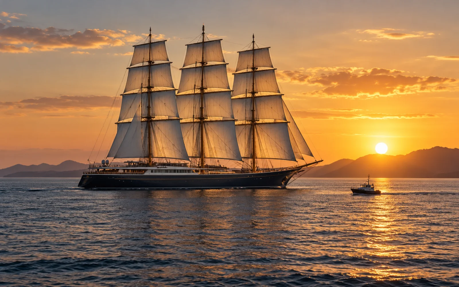 Silhouette d’un super-voilier à trois mâts sous voiles carrées au coucher du soleil
