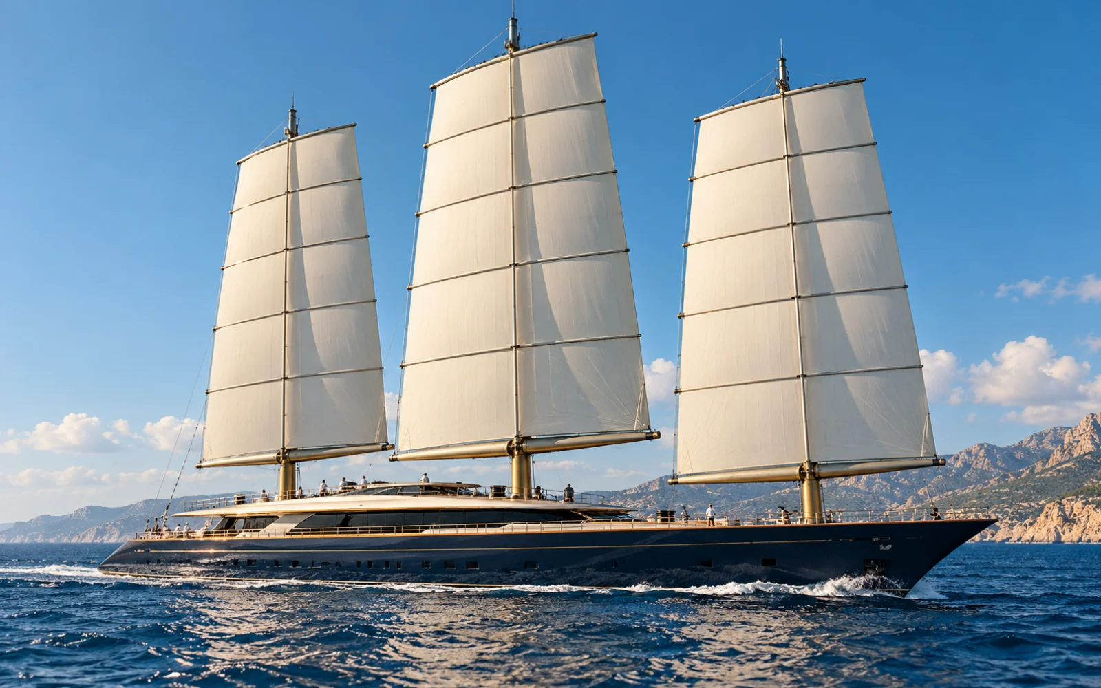 Voiles carrées d’un grand yacht à gréement DynaRig entièrement déployées