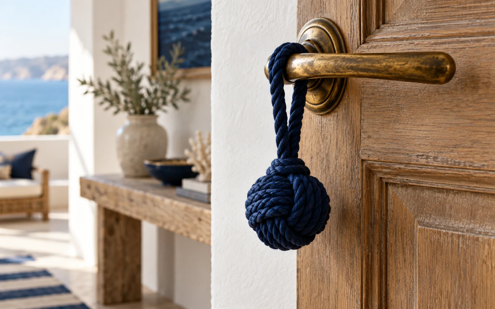 Petite pomme de touline accrochée à une poignée de porte comme décoration marine