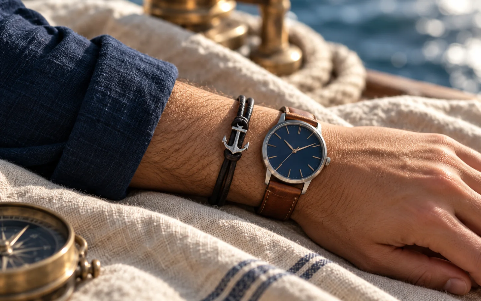 Poignet portant un bracelet en cuir noir à côté d’une montre à bracelet brun