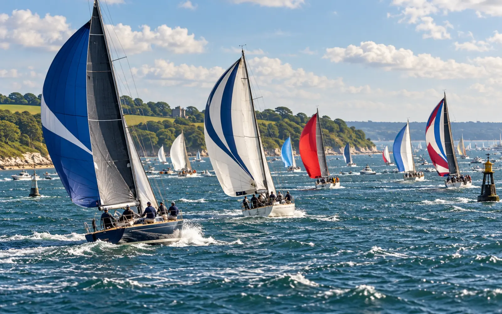 Flotte de voiliers en régate dans le Solent devant l’île de Wight
