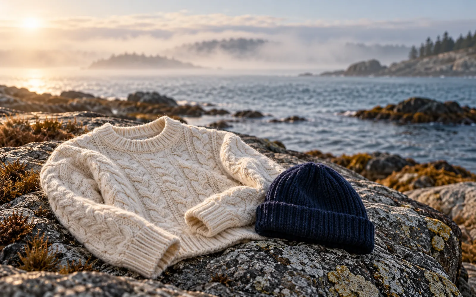 Pull irlandais et bonnet en laine posés sur un rocher au bord de la mer