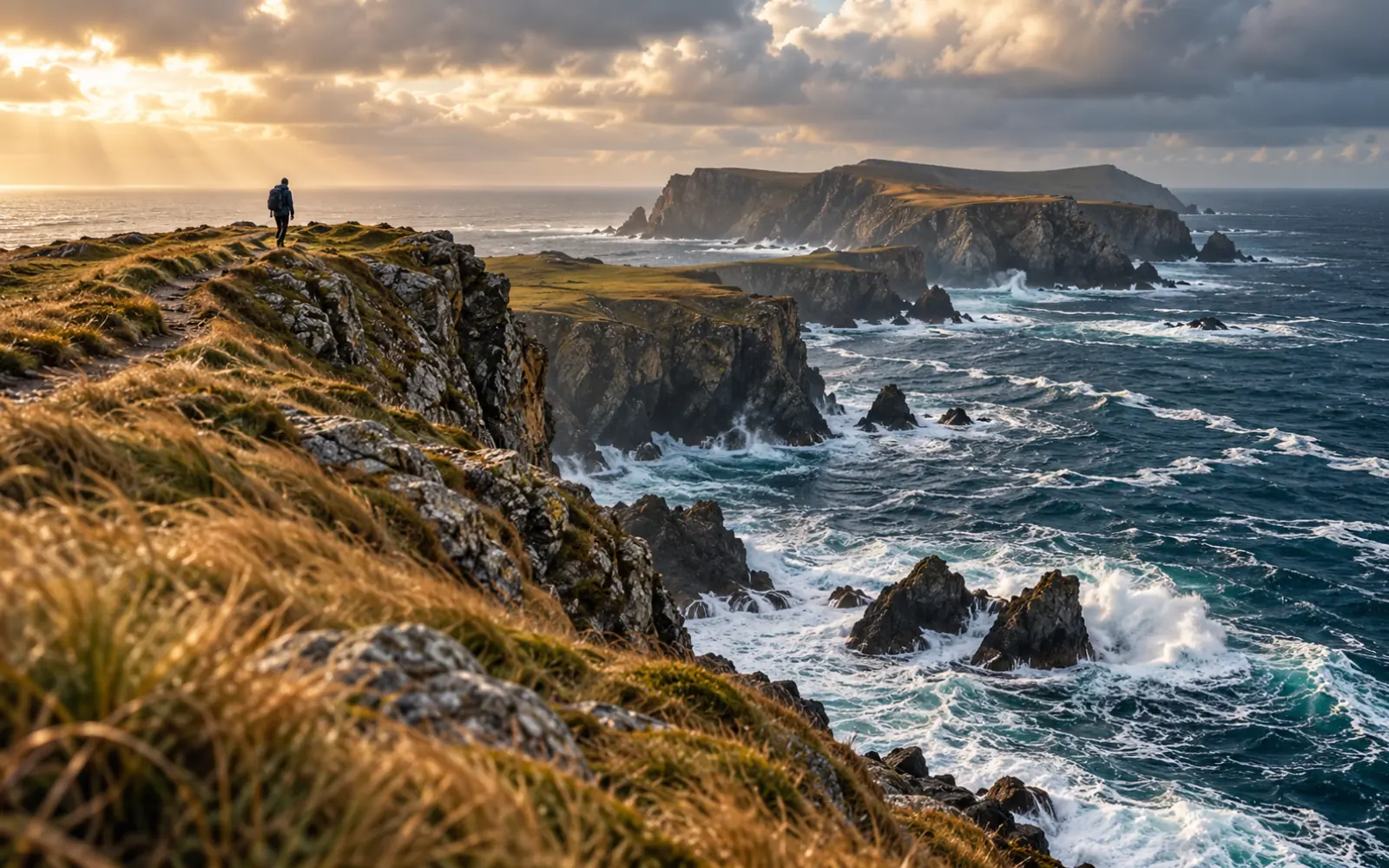 Pointe rocheuse vue du haut d’une falaise avec une mer agitée de courants