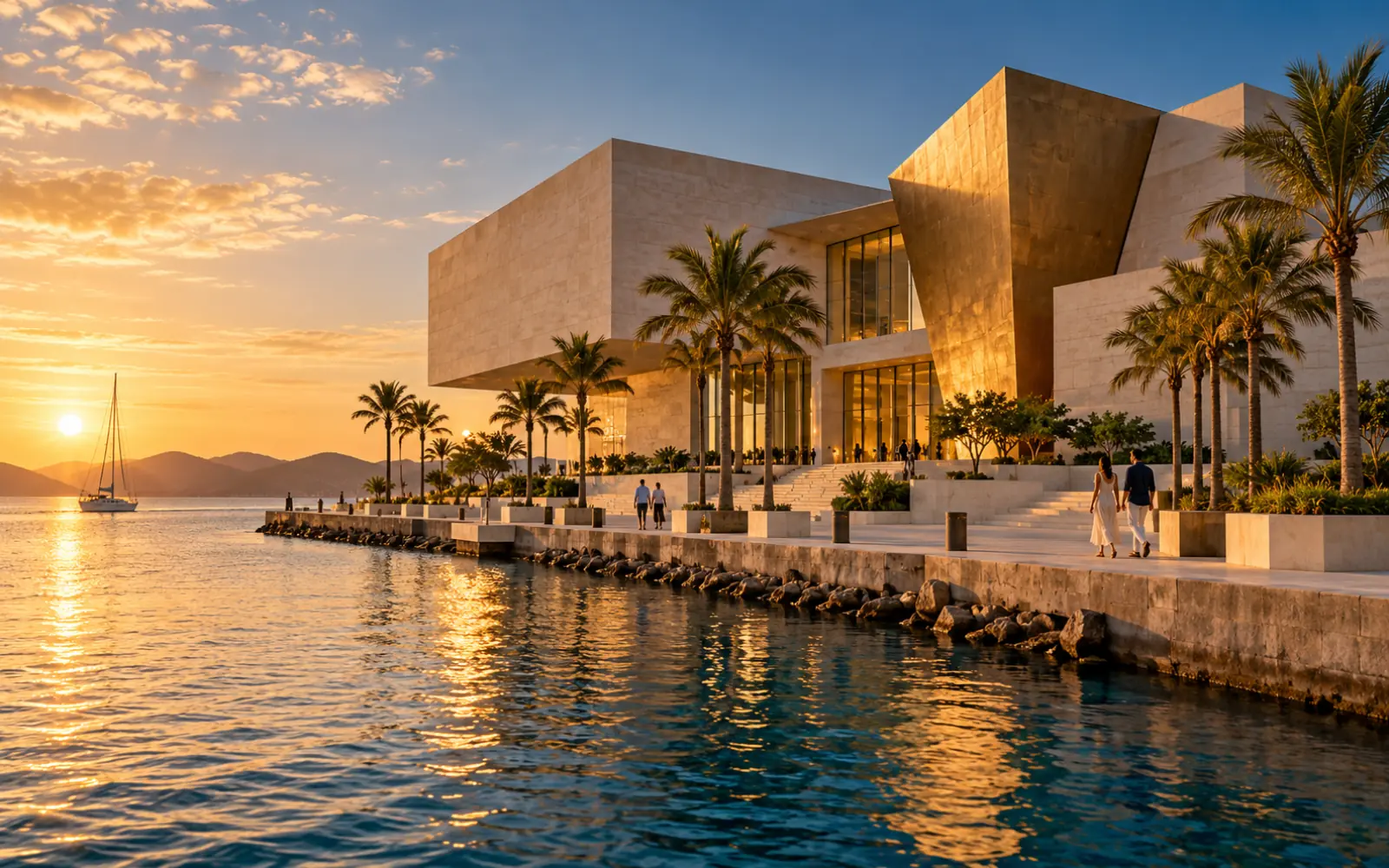 Bâtiment moderne au bord de l’eau dans une ville portuaire des Antilles françaises
